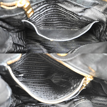Prada Bow Tie Pleated Tote Leather, BLACK, LEATHER, Shoulder bag