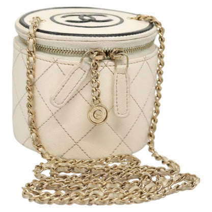 Chanel CC Round Vanity Case with Chain Quilted Lambskin, WHITE, LEATHER, Shoulder bag