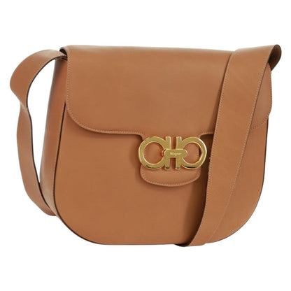 Salvatore Ferragamo Gancini Shoulder Bag Leather, BROWN, LEATHER, Shoulder bag