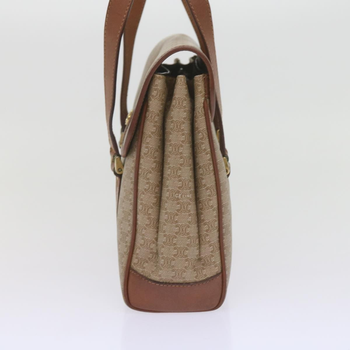 Celine Vintage Macadam Handbag Canvas and Leather, BEIGE, CANVAS, Handbag