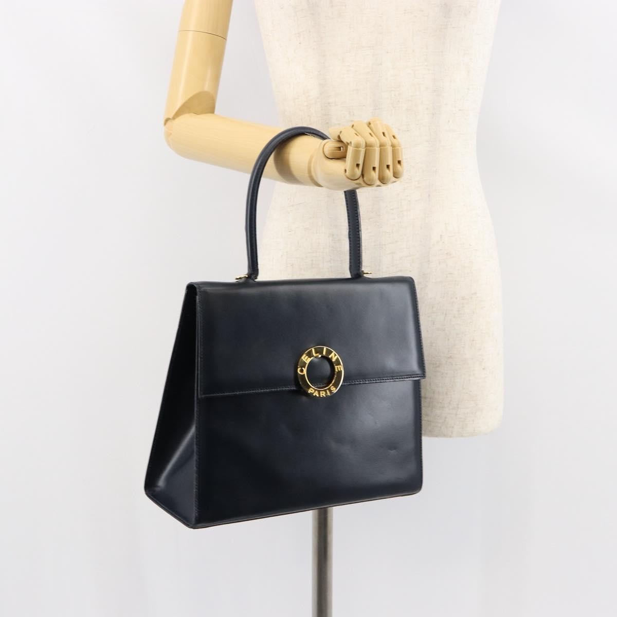 Celine Circle Logo Handbag Leather, NAVY, LEATHER, Handbag