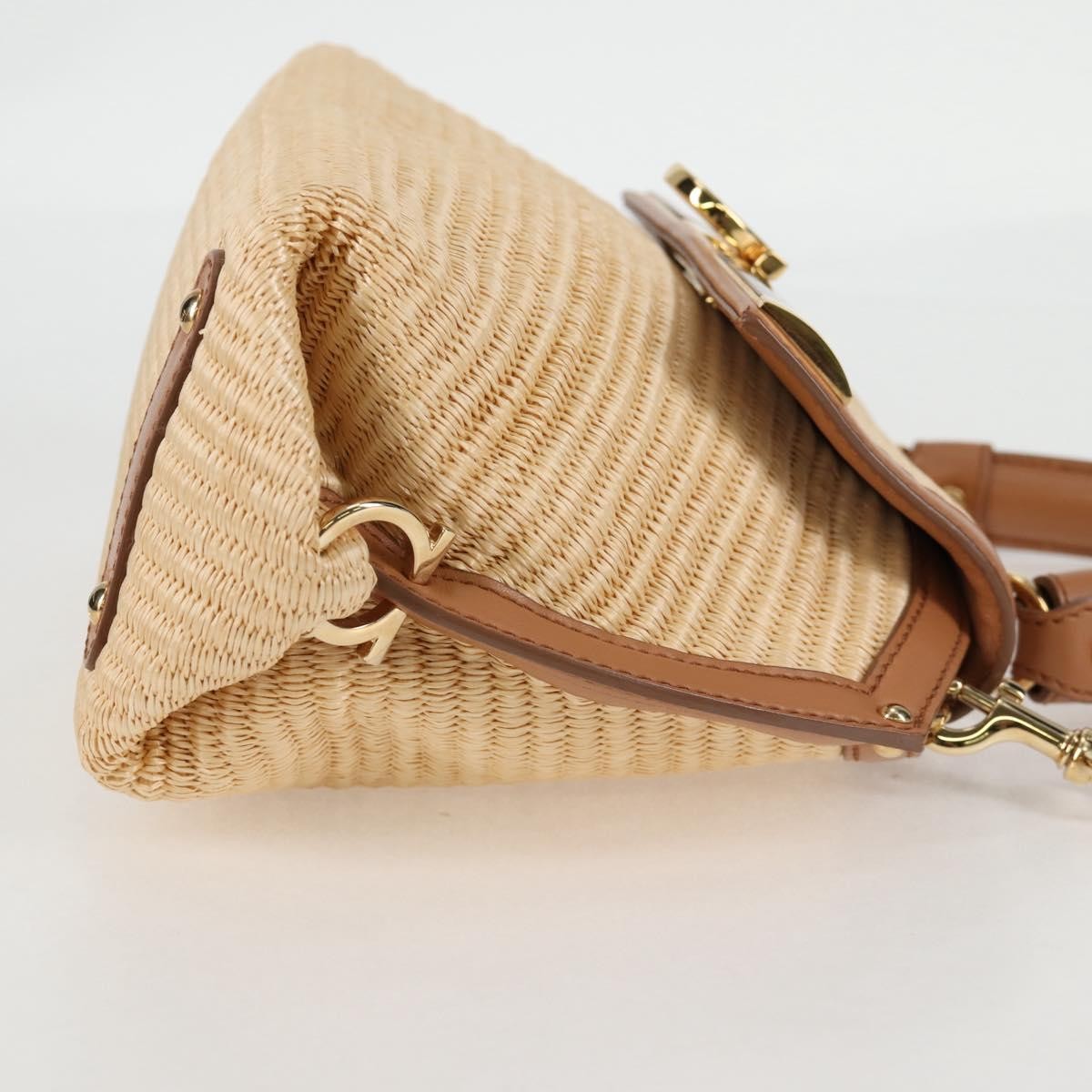 Salvatore Ferragamo Sofia Satchel Raffia with Leather, BEIGE, WOOD, Handbag
