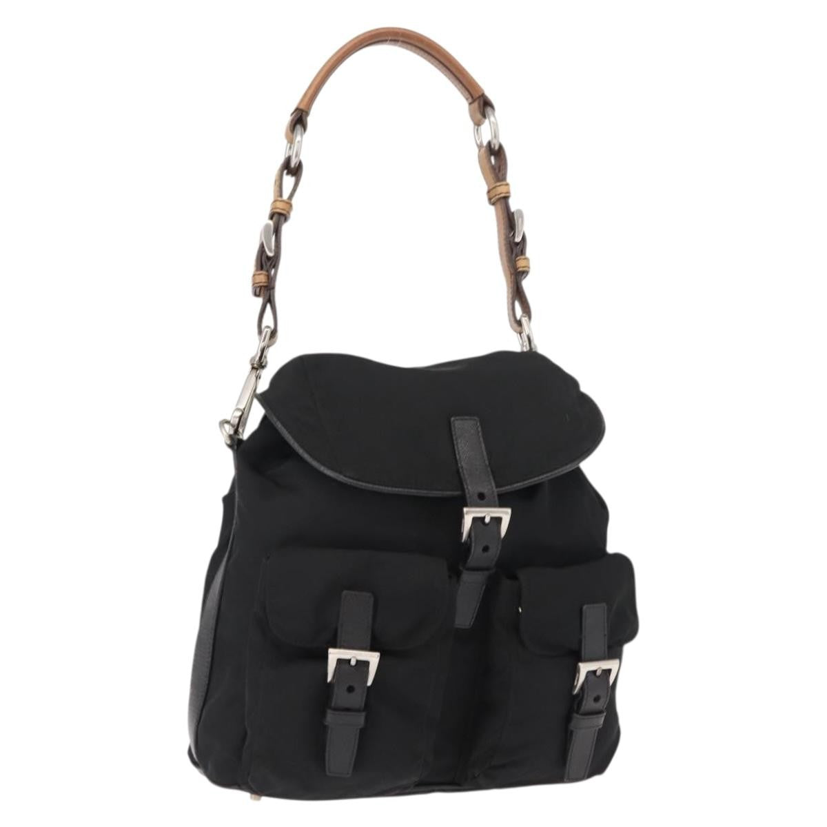 Prada Double Pocket Drawstring Shoulder Bag Tessuto, Black, Nylon, Shoulder Bag