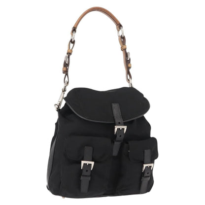 Prada Double Pocket Drawstring Shoulder Bag Tessuto, Black, Nylon, Shoulder Bag