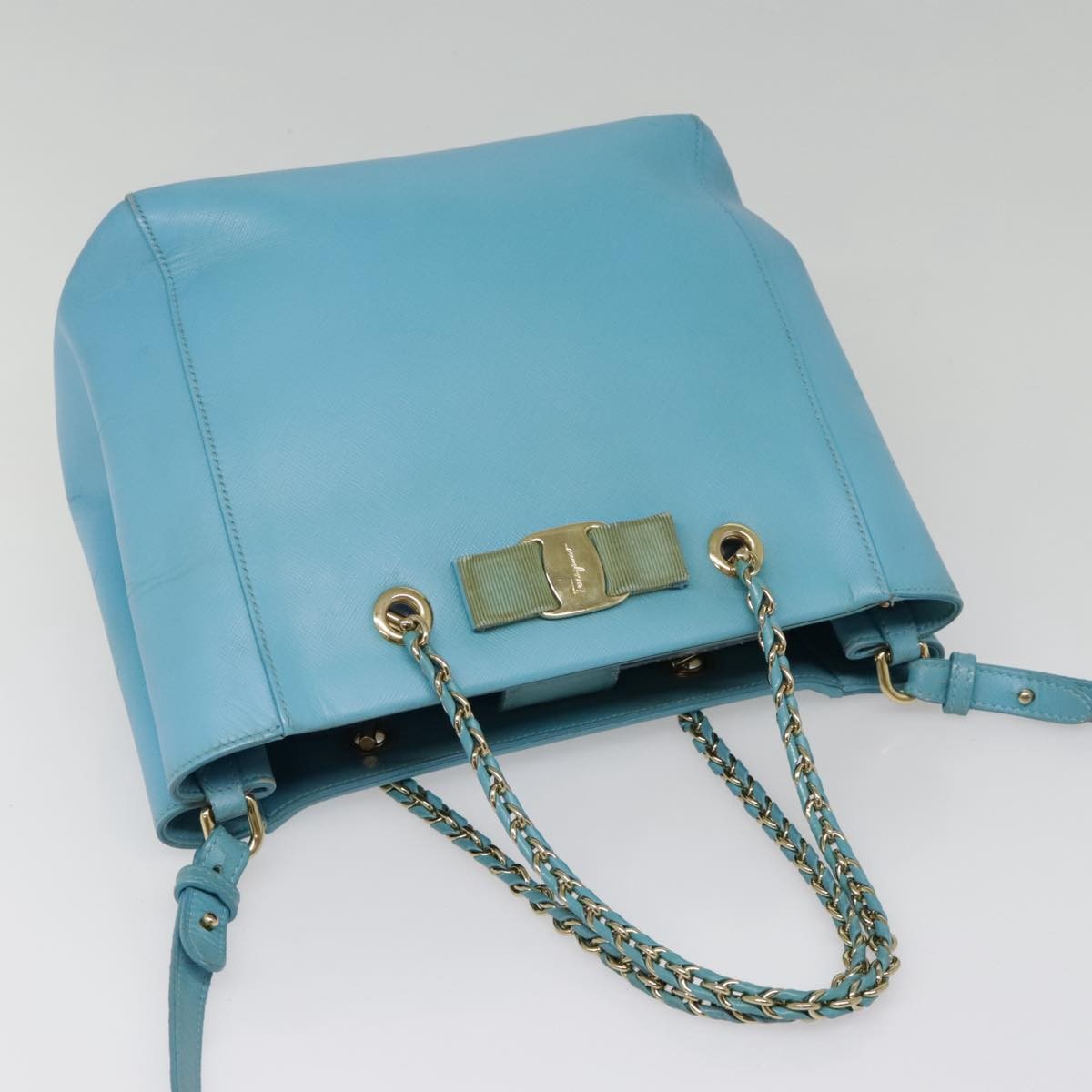 Salvatore Ferragamo Vara Bow Chain Tote Leather, BLUE, LEATHER, Tote bag
