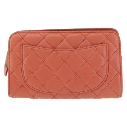 Chanel Classic Double Pocket Zip Pouch Quilted Lambskin, ORANGE, LEATHER, Clutche & pouche