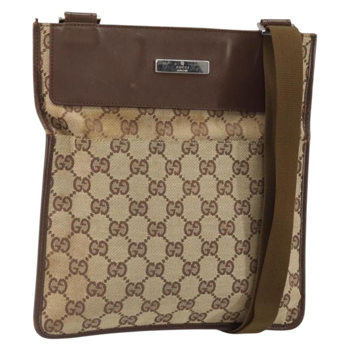 Gucci Vintage Flat Messenger Bag GG Canvas and Leather, BEIGE, CANVAS, Shoulder bag