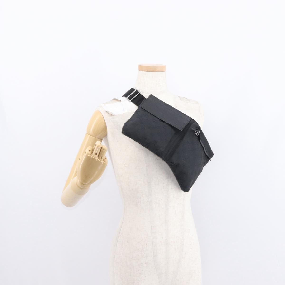 Gucci Vintage Double Belt Bag GG Canvas with Leather, BLACK, CANVAS, Shoulder bag