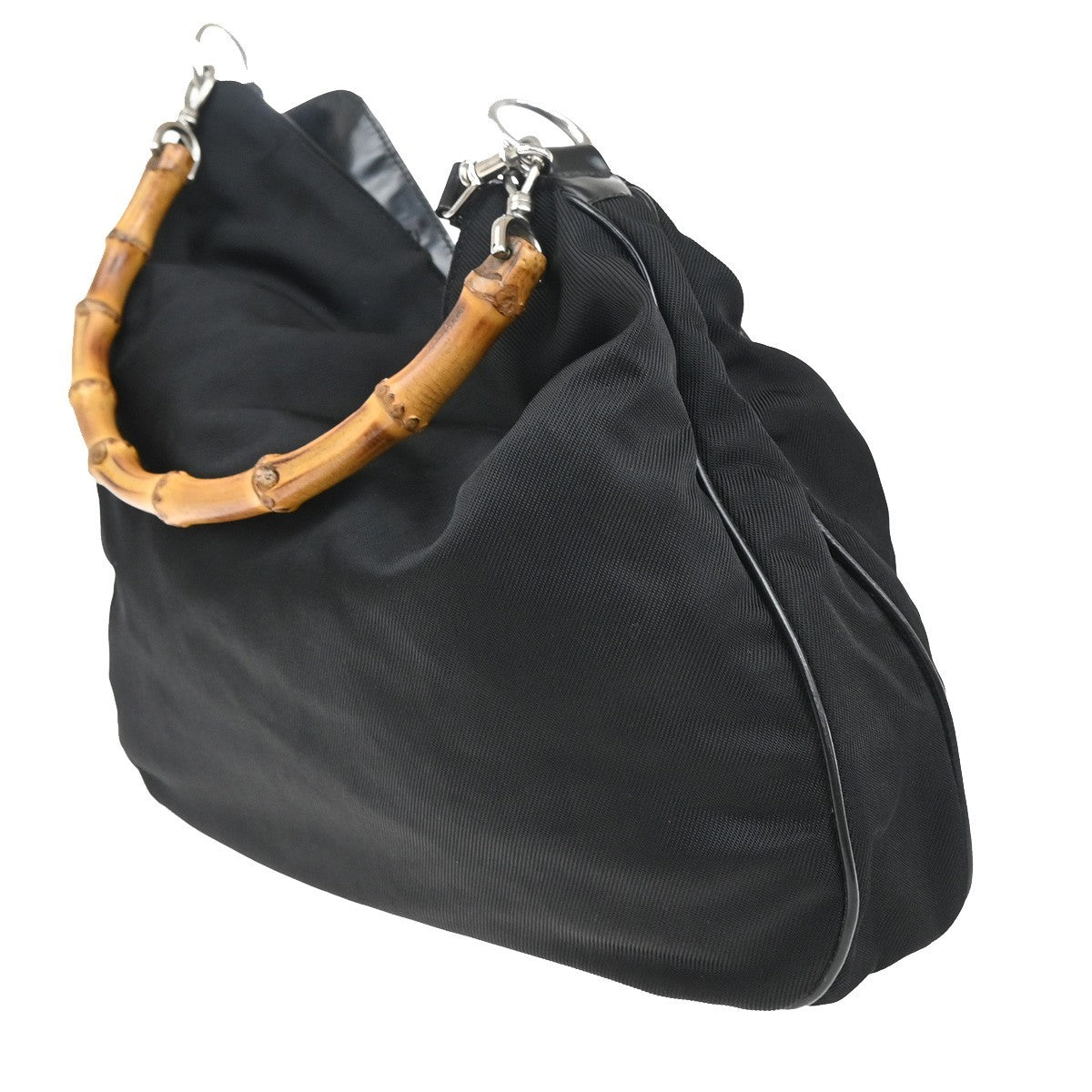 Gucci Vintage Bamboo Handle Open Hobo Nylon, BLACK, NYLON, Shoulder bag
