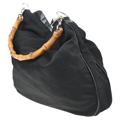 Gucci Vintage Bamboo Handle Open Hobo Nylon, BLACK, NYLON, Shoulder bag