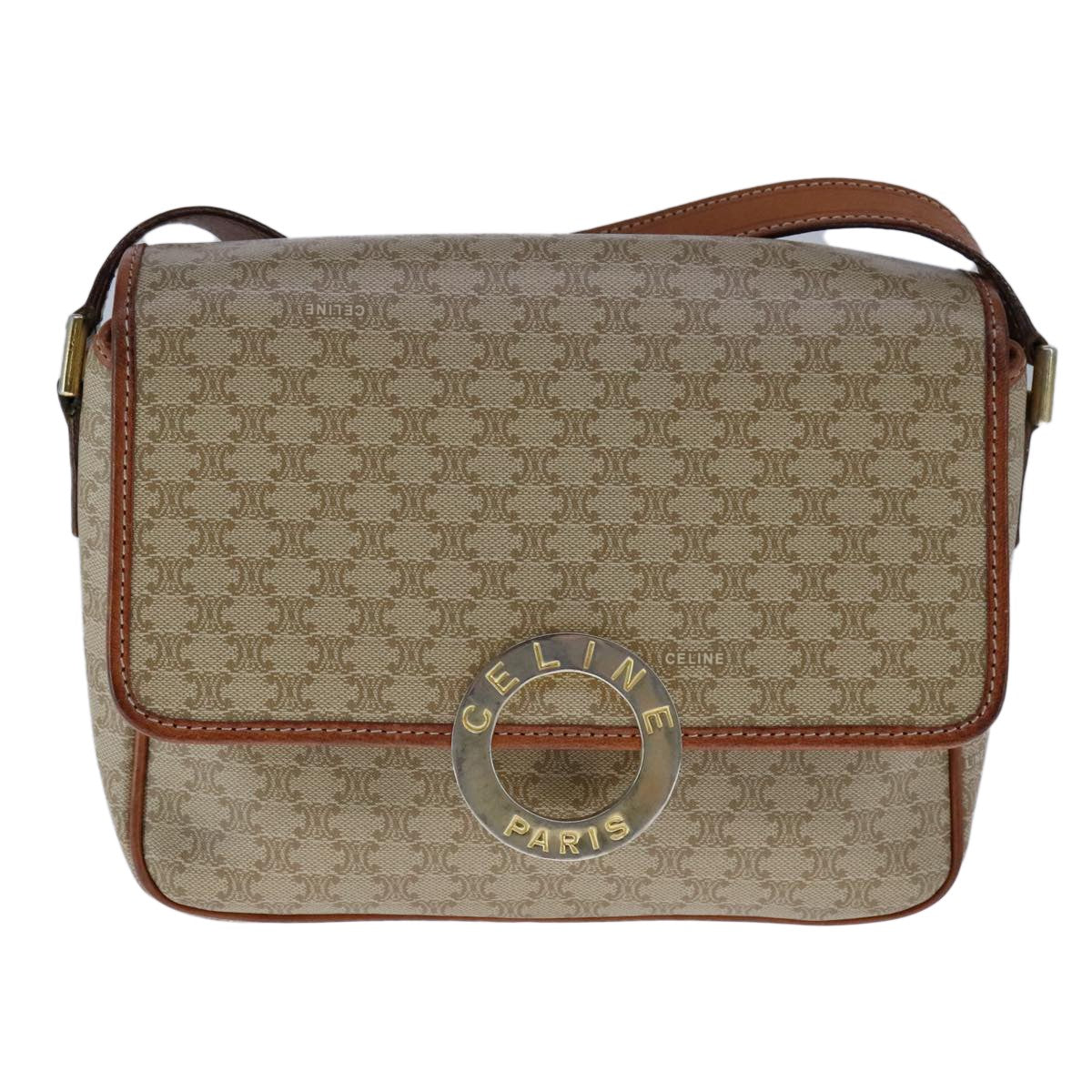 Celine Vintage Macadam Circle Logo Shoulder Bag Canvas and Leather, Beige, Canvas, Shoulder Bag