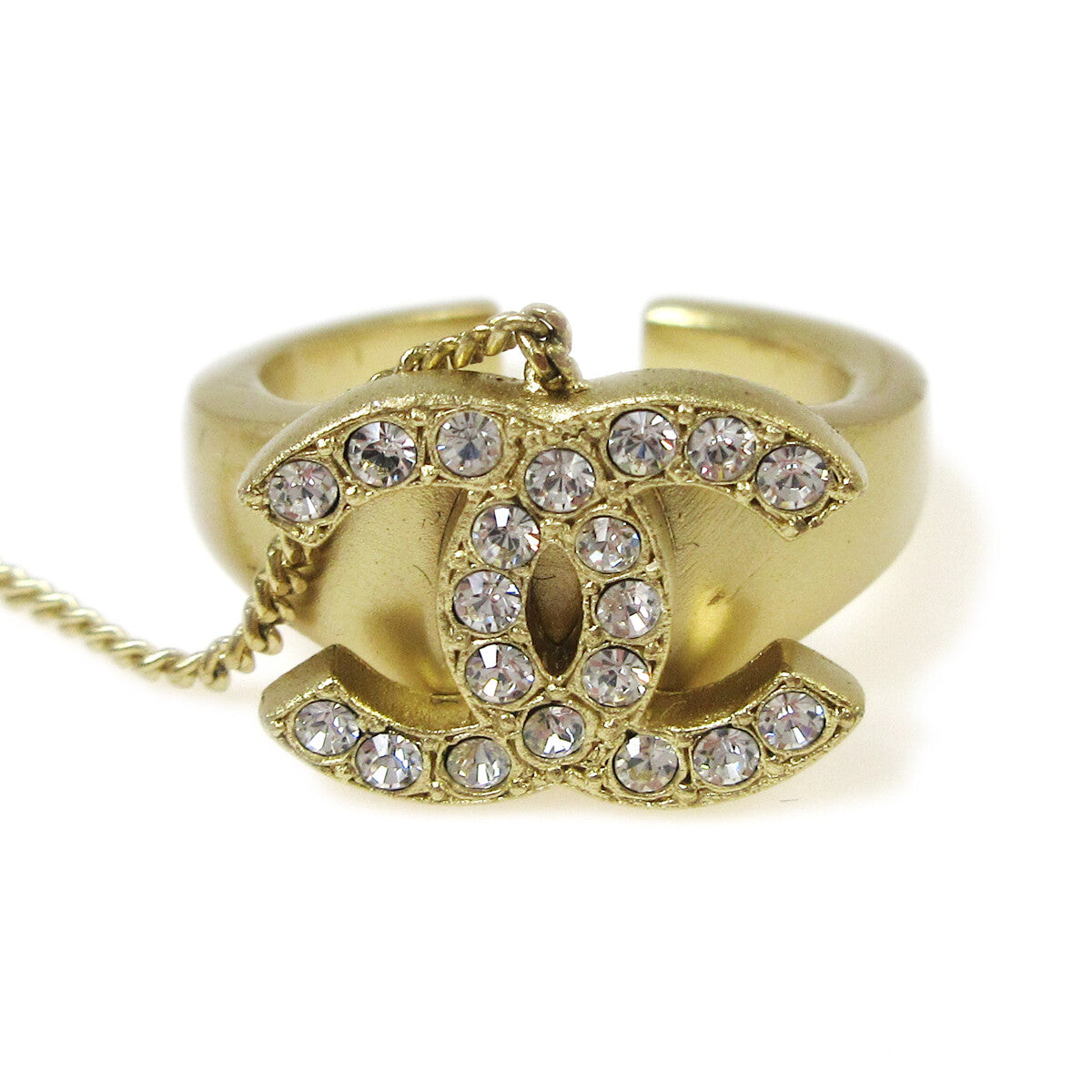Chanel Logo Bangle with Chain Attached CC Ring Metal with Crystal, GOLD, GOLD_PLATED, Bracelet