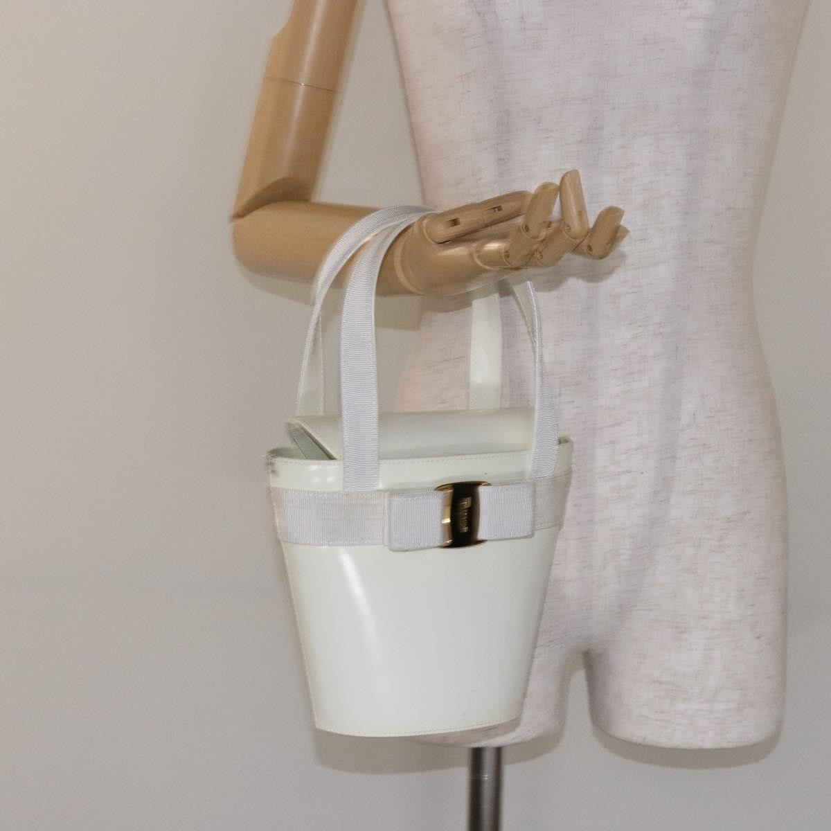 Salvatore Ferragamo Vara Bow Top Handle Bucket Bag Patent Leather, WHITE, PATENT_LEATHER, Handbag