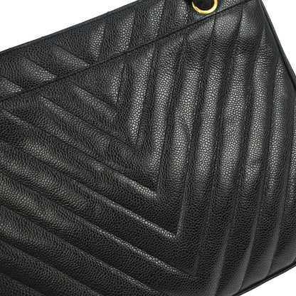 Chanel Vintage Zip Shoulder Bag Chevron Caviar, Black, Leather, Shoulder Bag