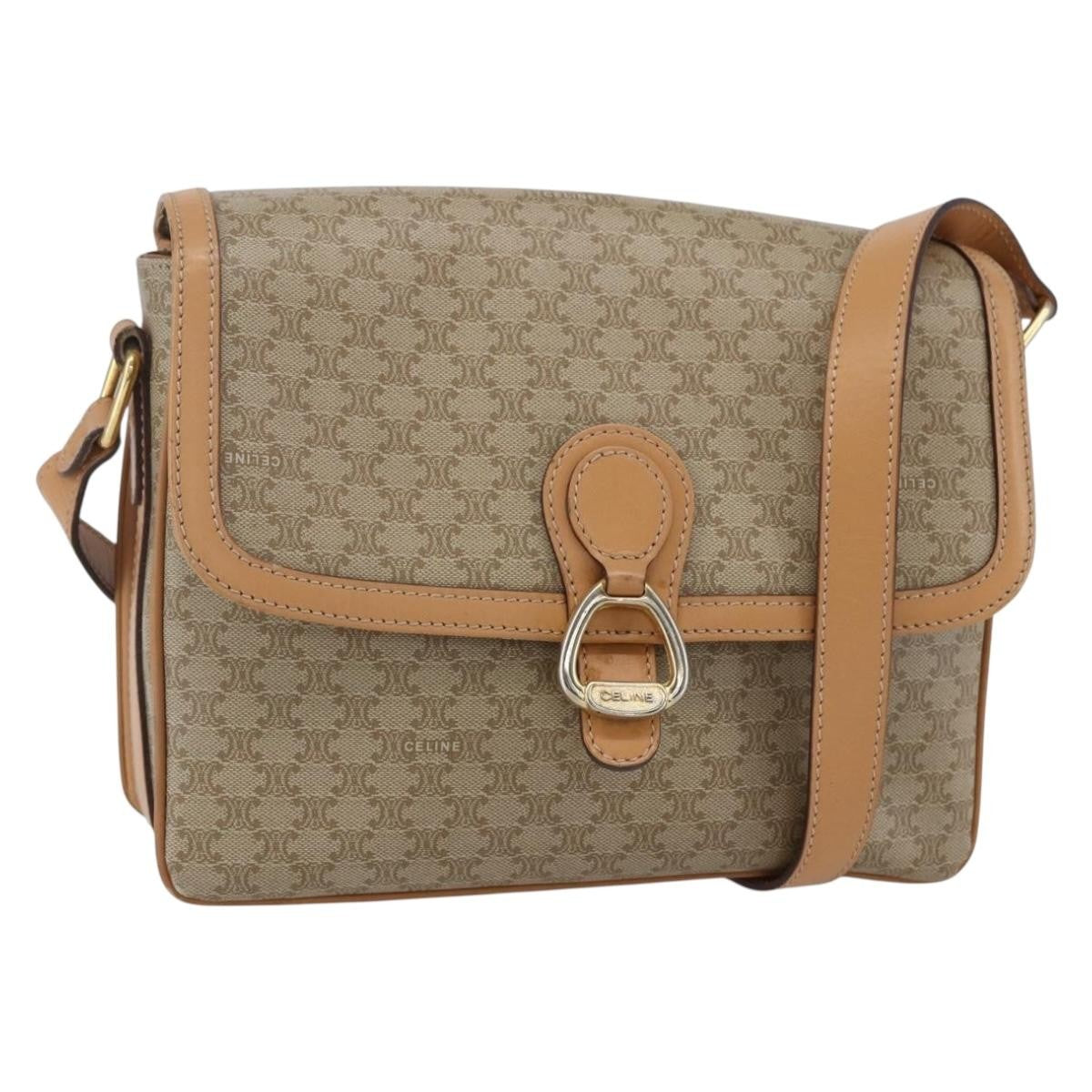Celine Vintage Macadam Shoulder Bag Canvas and Leather, BEIGE, CANVAS, Shoulder bag