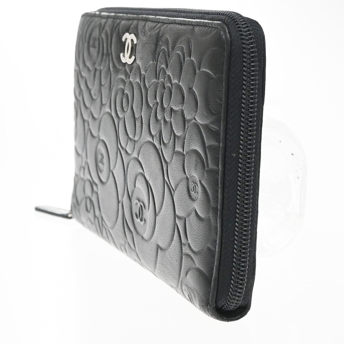 Chanel Camellia Zip Around Organizer Leather, Black, Leather, Wallet