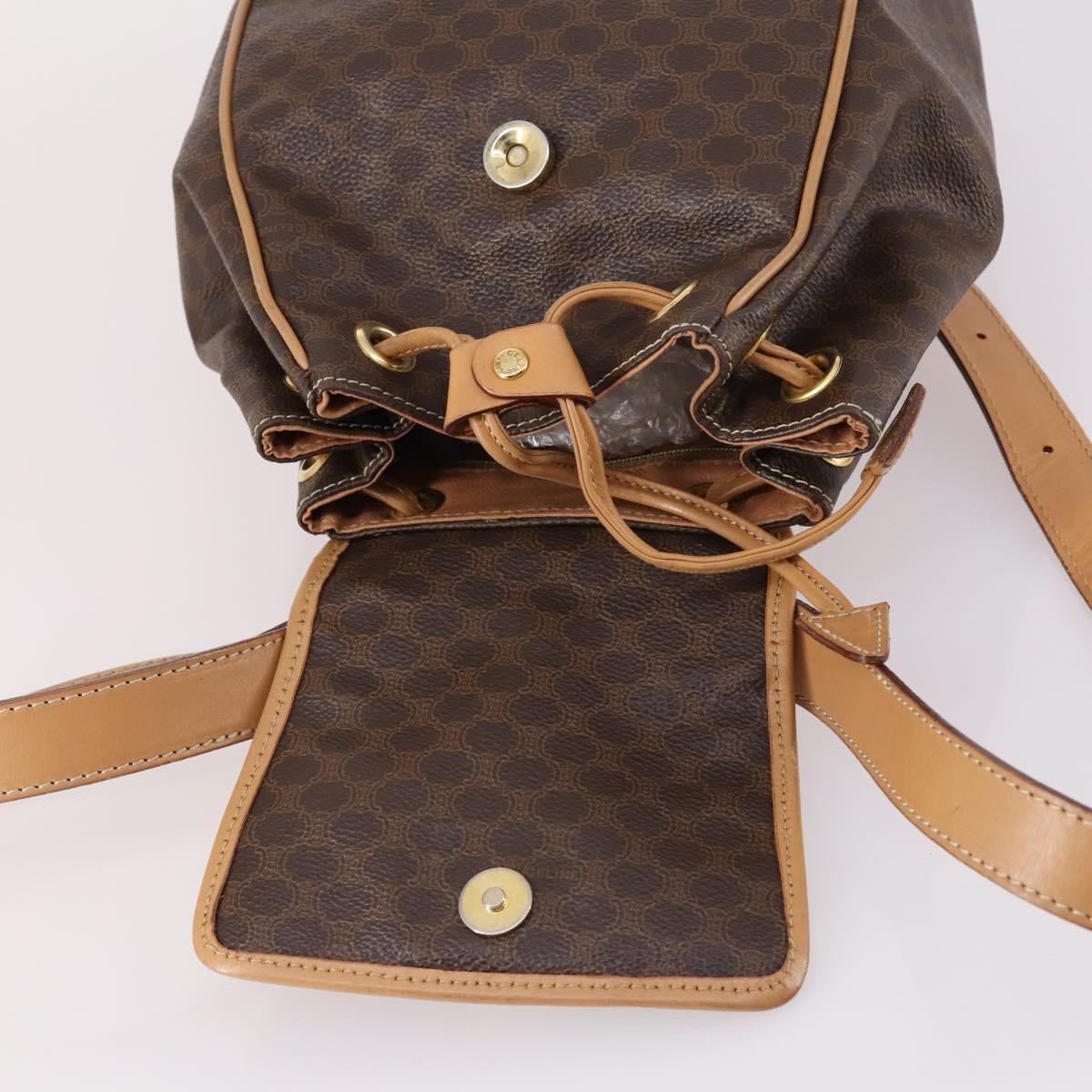 Celine Vintage Drawstring Flap Backpack Macadam Coated Canvas, BROWN, CANVAS, Backpack