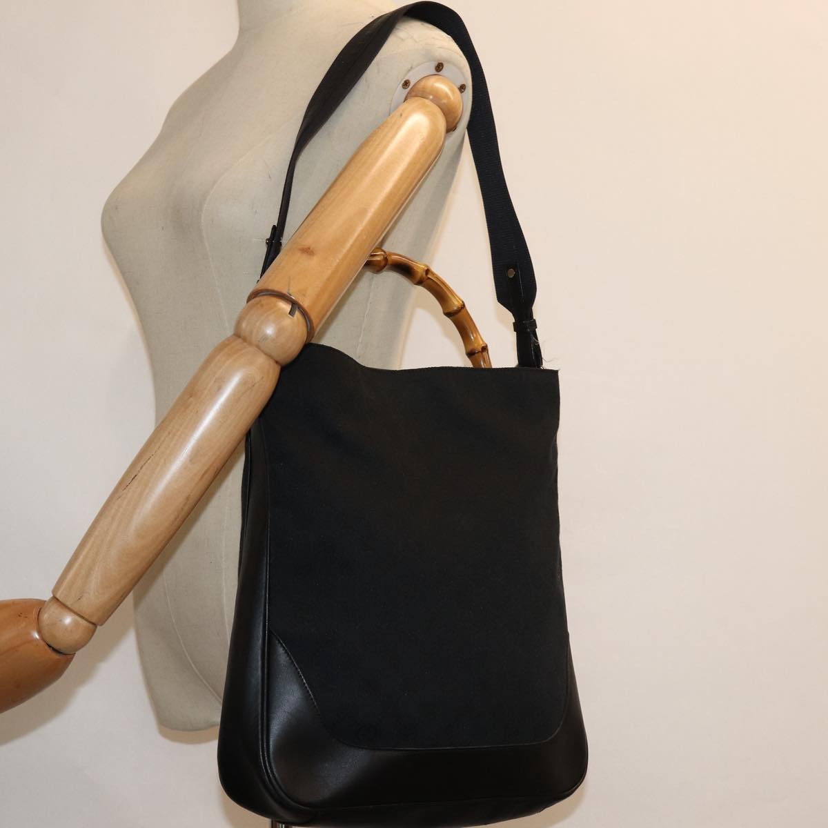 Gucci Vintage Bamboo Handle Tote Canvas, BLACK, CANVAS, Tote bag