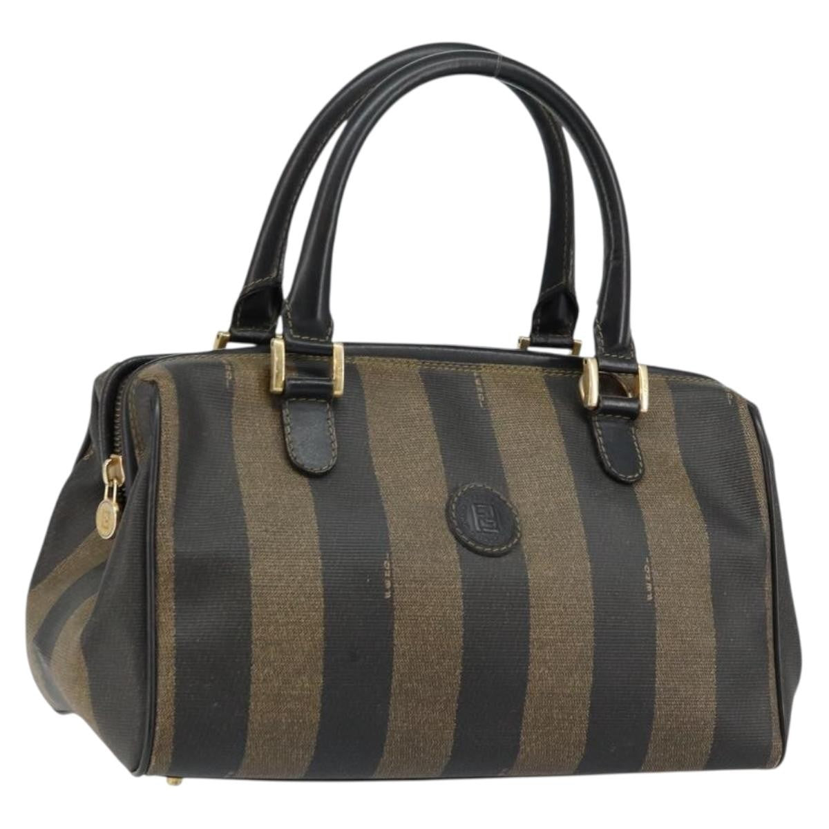 Fendi Vintage Pequin Boston Bag Coated Canvas, BLACK, CANVAS, Handbag