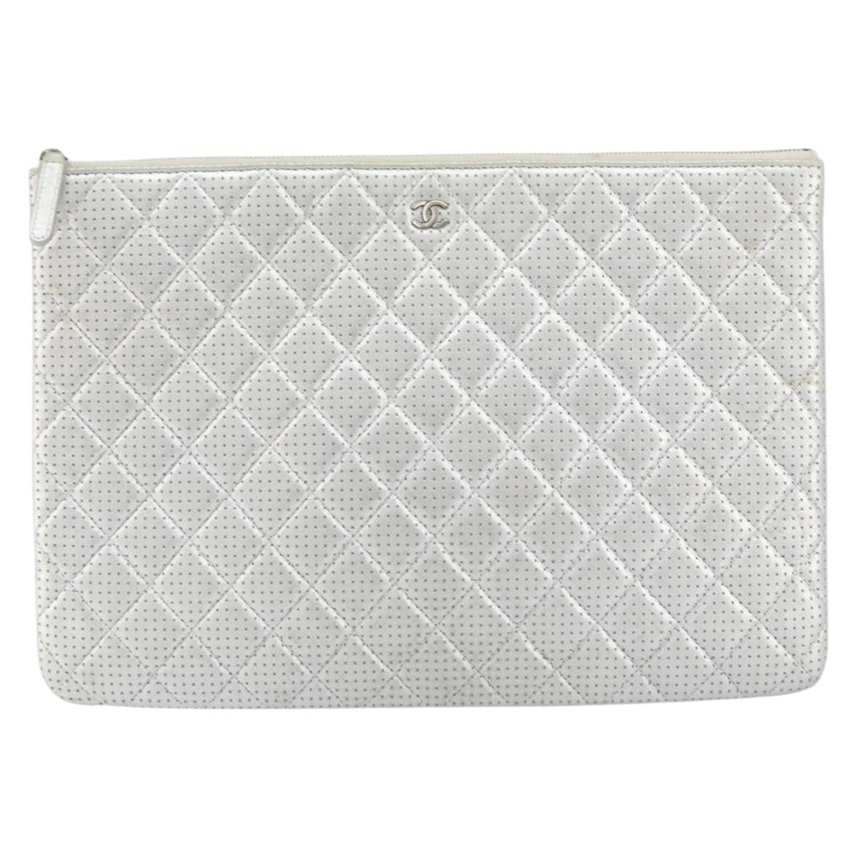 Chanel O Case Clutch Quilted Perforated Lambskin, SILVER, LEATHER, Clutche & pouche