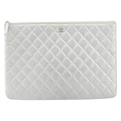 Chanel O Case Clutch Quilted Perforated Lambskin, SILVER, LEATHER, Clutche & pouche
