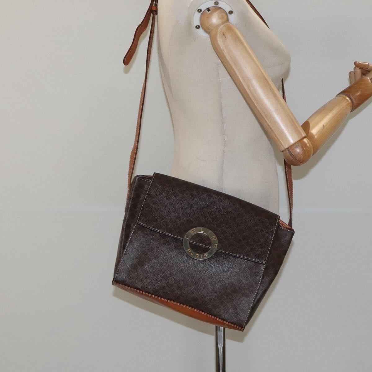Celine Vintage Macadam Circle Logo Shoulder Bag Canvas and Leather, Brown, Canvas, Shoulder Bag