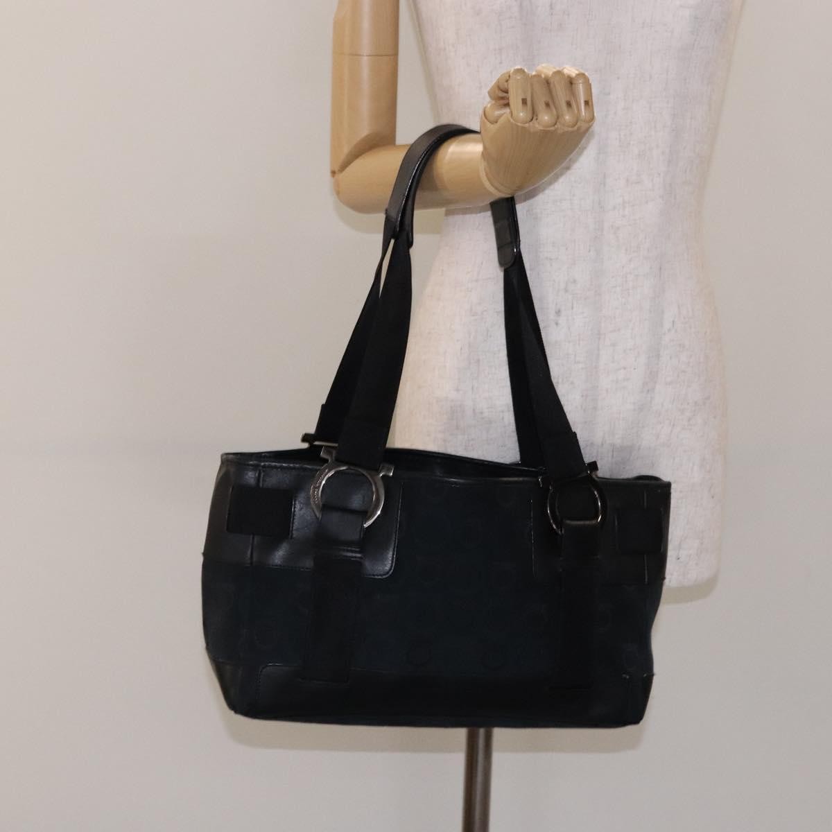 Salvatore Ferragamo Gancini Tote Canvas, BLACK, CANVAS, Tote bag