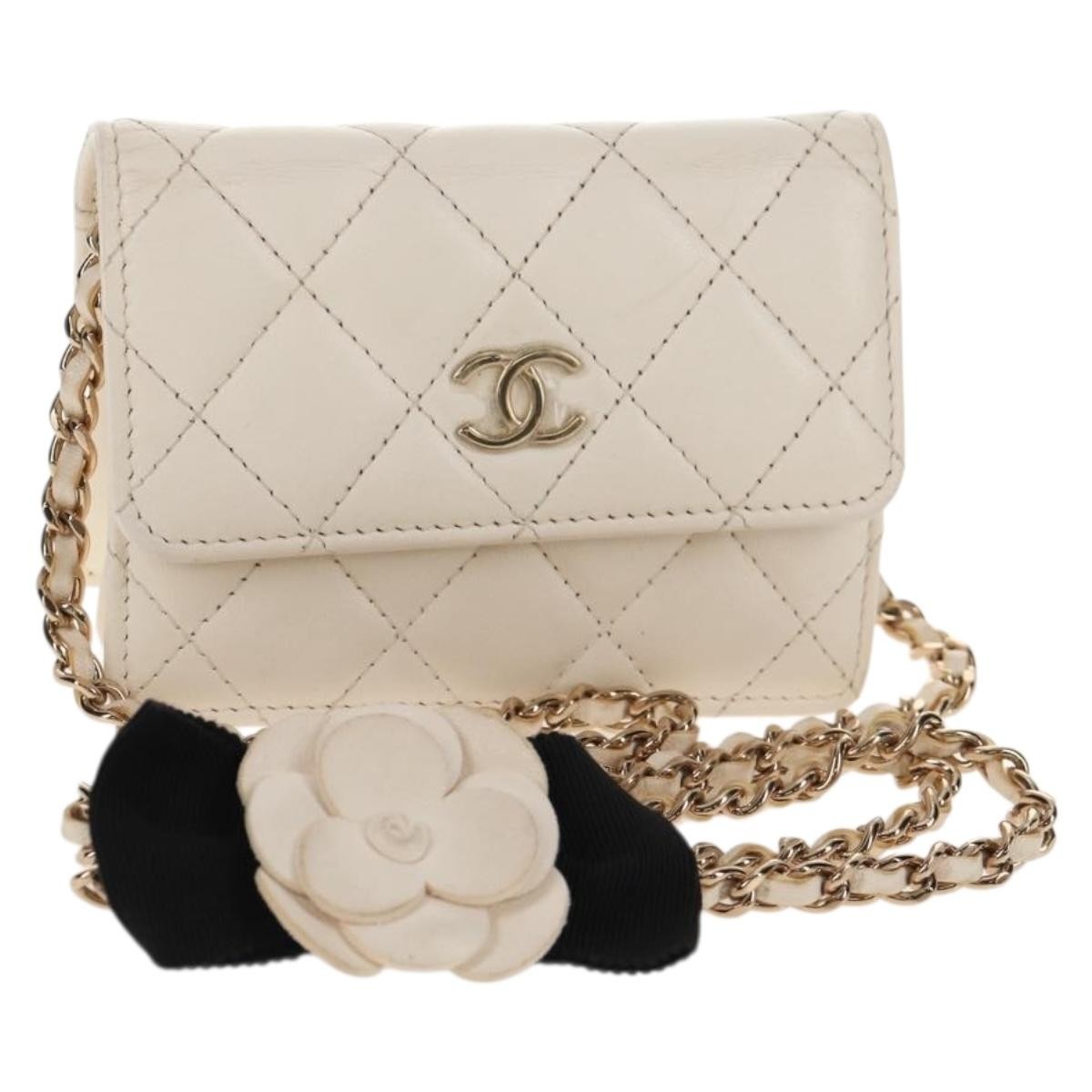 Chanel Camellia Bow Flap Card Holder with Chain Quilted Lambskin, WHITE, LEATHER, Shoulder bag