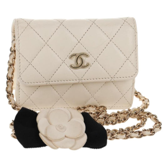 Chanel Camellia Bow Flap Card Holder with Chain Quilted Lambskin, WHITE, LEATHER, Shoulder bag