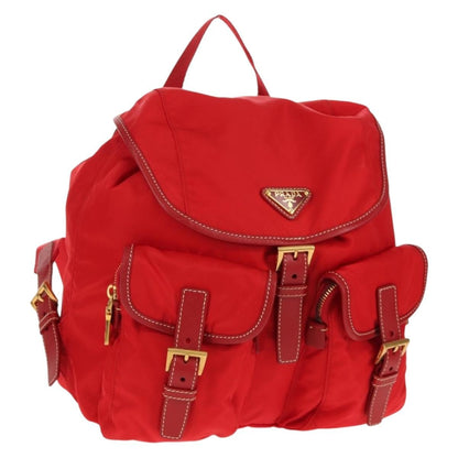 Prada Vela Double Front Pocket Backpack Tessuto with Saffiano Leather, Red, Nylon, Backpack