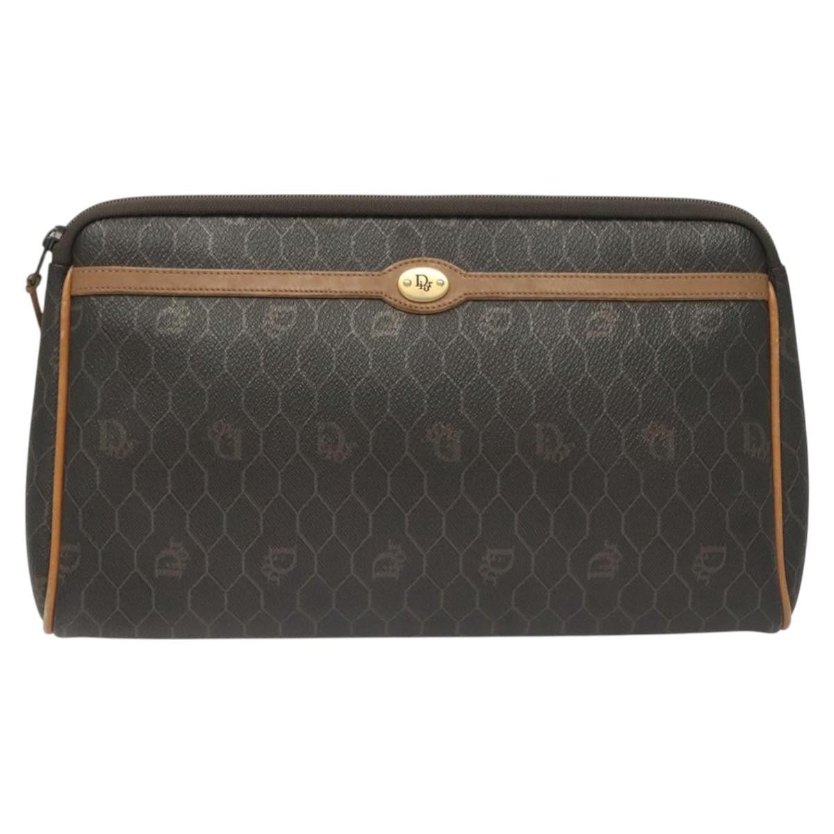 Christian Dior Vintage Honeycomb Zip Pouch Canvas and Leather, Black, Canvas, Clutch