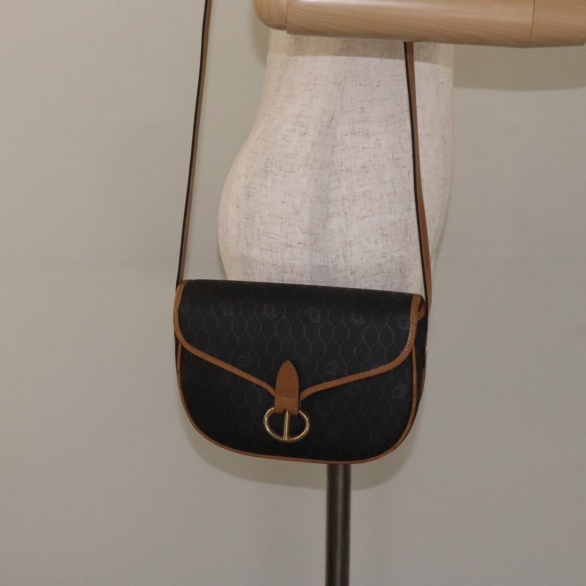 Christian Dior Vintage Honeycomb Flap Crossbody Bag Coated Canvas, BLACK, CANVAS, Crossbody bag