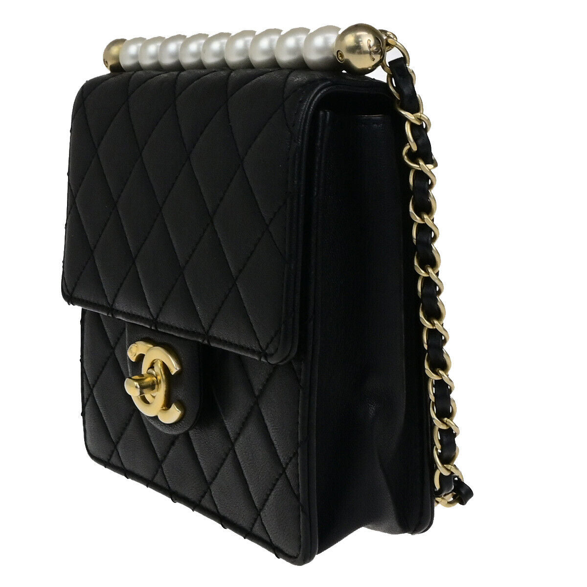 Chanel Chic Pearls Flap Bag Quilted Lambskin, BLACK, LEATHER, Shoulder bag