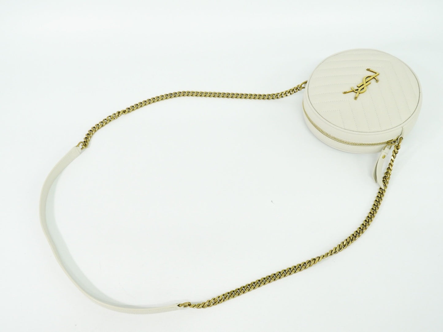 Saint Laurent Vinyle Round Camera Bag Matelasse Chevron Leather, WHITE, LEATHER, Crossbody bag