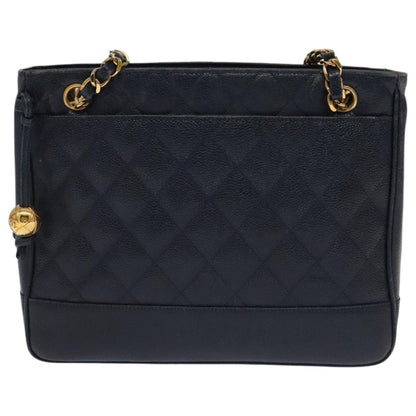 Chanel Vintage Stitched CC Shoulder Bag Caviar, NAVY, LEATHER, Shoulder bag