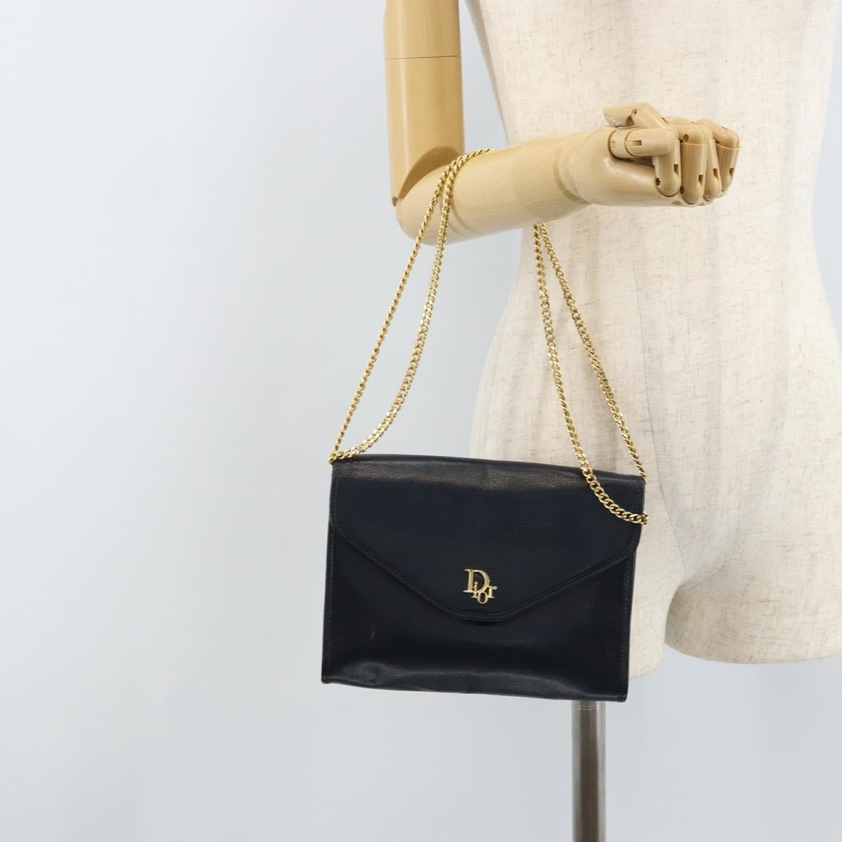 Christian Dior Vintage Chain Envelope Flap Bag Honeycomb Coated Canvas, NAVY, LEATHER, Shoulder bag
