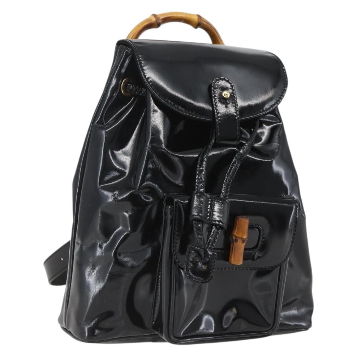 Gucci Vintage Bamboo Backpack Patent, BLACK, PATENT_LEATHER, Backpack
