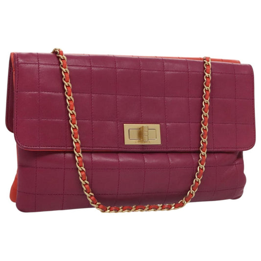 Chanel Vintage Chocolate Bar Double Side Flap Shoulder Bag Quilted Lambskin, PURPLE, LEATHER, Shoulder bag