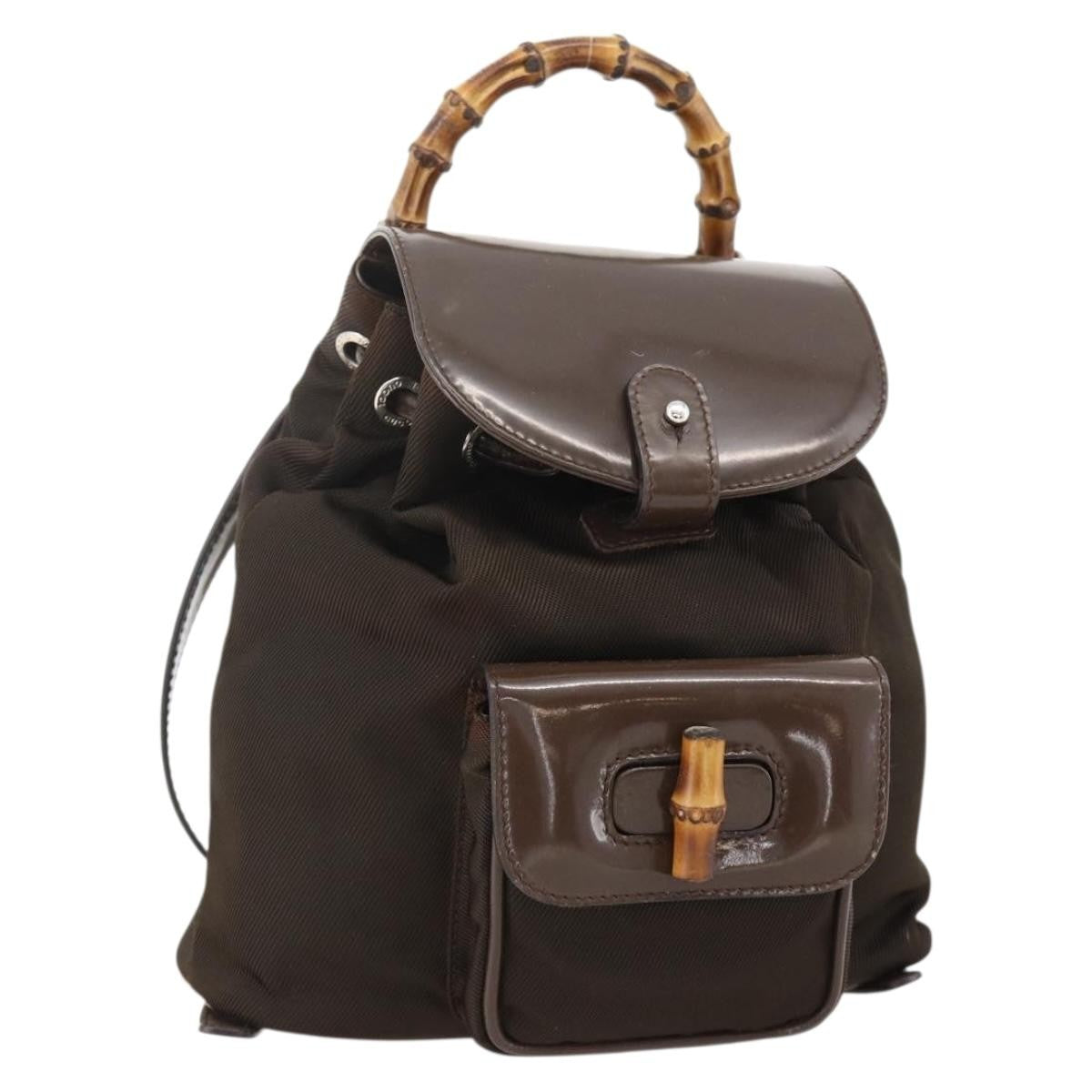 Gucci Vintage Bamboo Backpack Nylon and Patent Leather, Brown, Nylon, Backpack