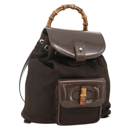 Gucci Vintage Bamboo Backpack Nylon and Patent Leather, Brown, Nylon, Backpack