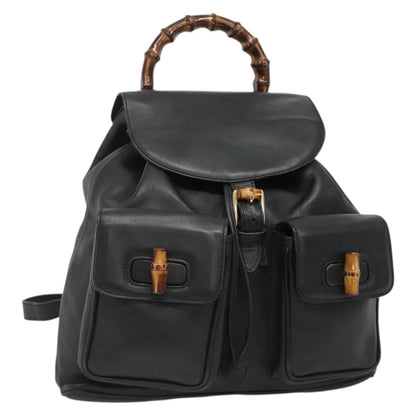 Gucci Vintage Bamboo Backpack Leather, BLACK, LEATHER, Backpack