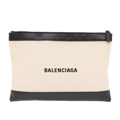 Balenciaga Navy Zip Pouch Canvas and Leather, BEIGE, CANVAS, Clutche & pouche