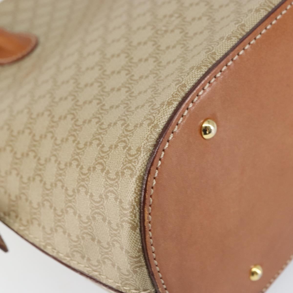 Celine Vintage Macadam Handbag Canvas and Leather, BEIGE, CANVAS, Handbag