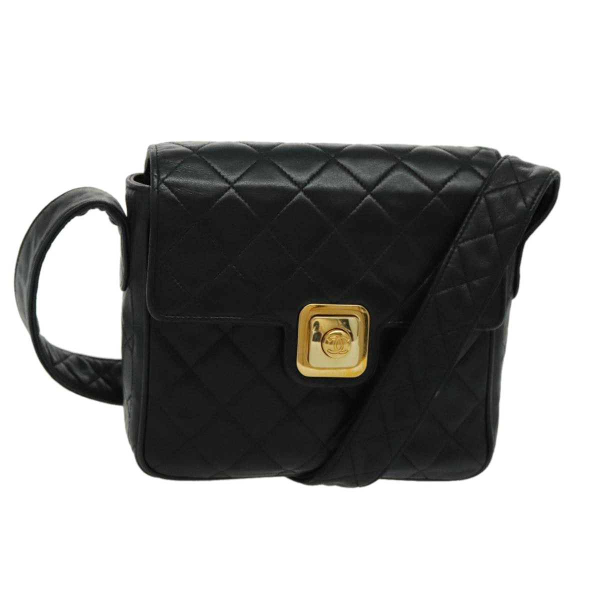 Chanel Vintage CC Pushlock Flap Bag Quilted Lambskin, BLACK, LEATHER, Shoulder bag