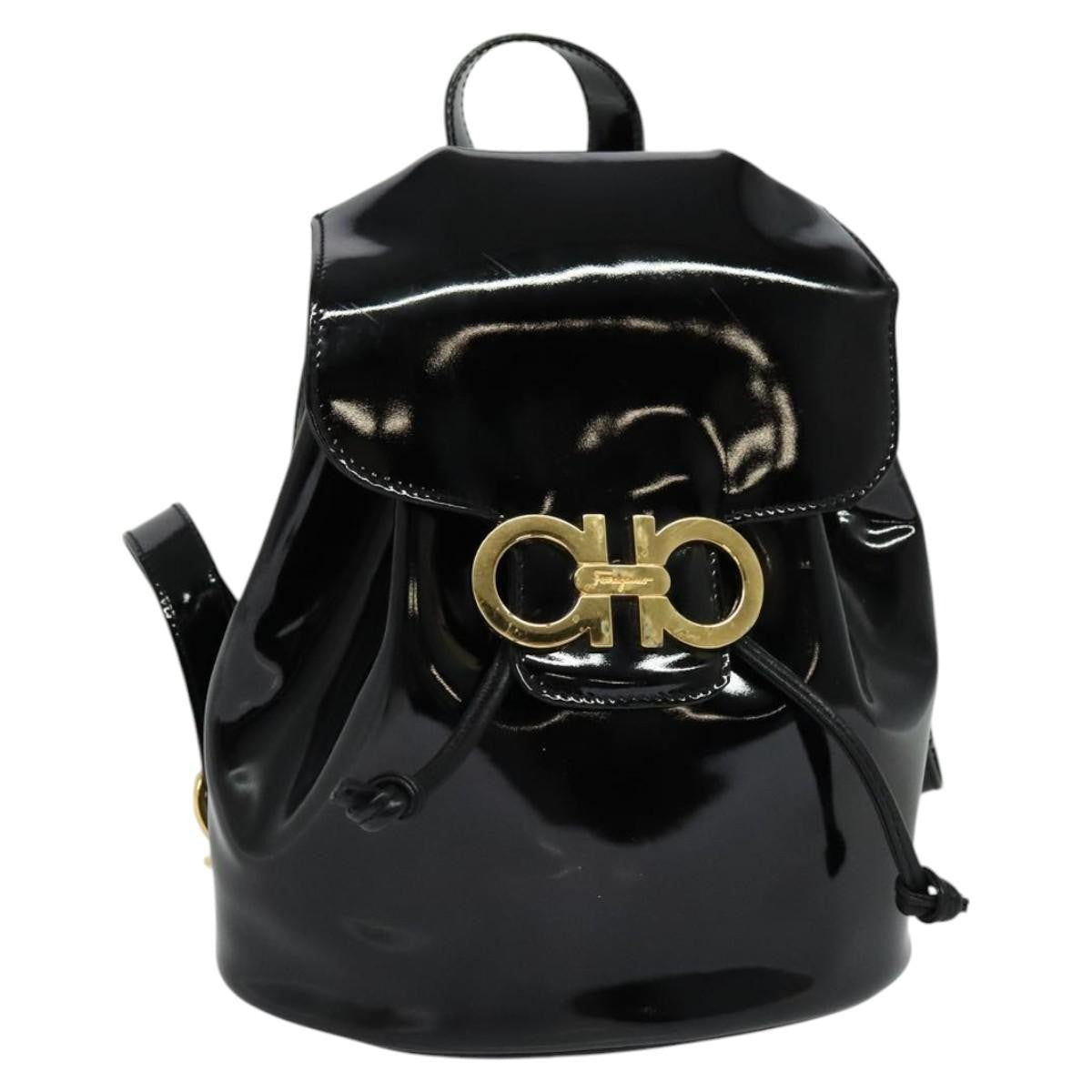 Salvatore Ferragamo Gancini Flap Drawstring Backpack Patent leather, BLACK, PATENT_LEATHER, Backpack