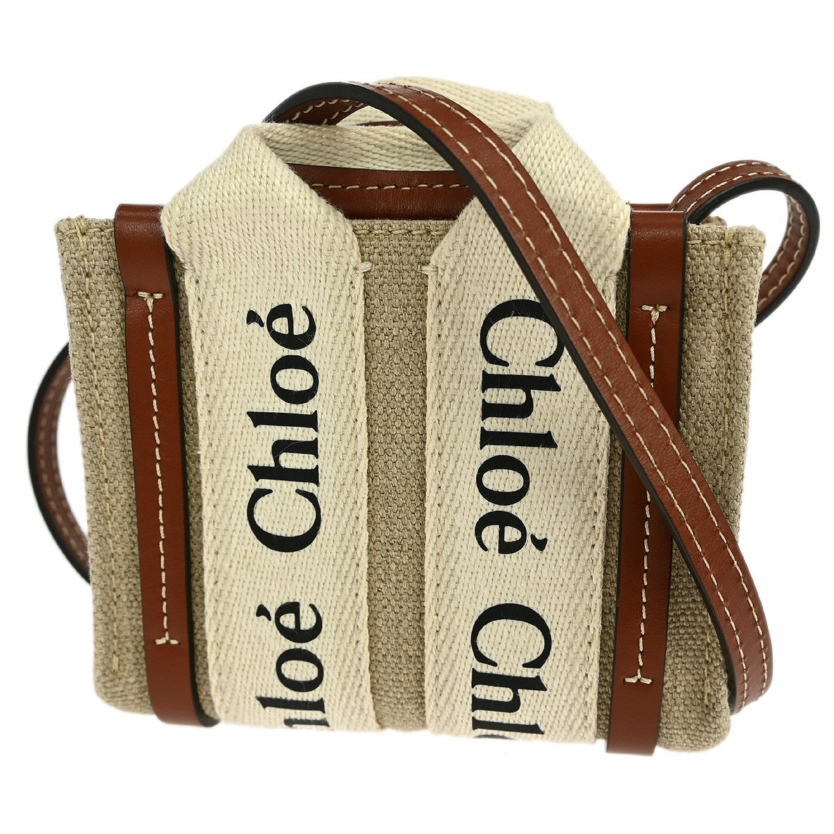 Chloe Woody Convertible Tote Canvas with Leather, BEIGE, CANVAS, Handbag