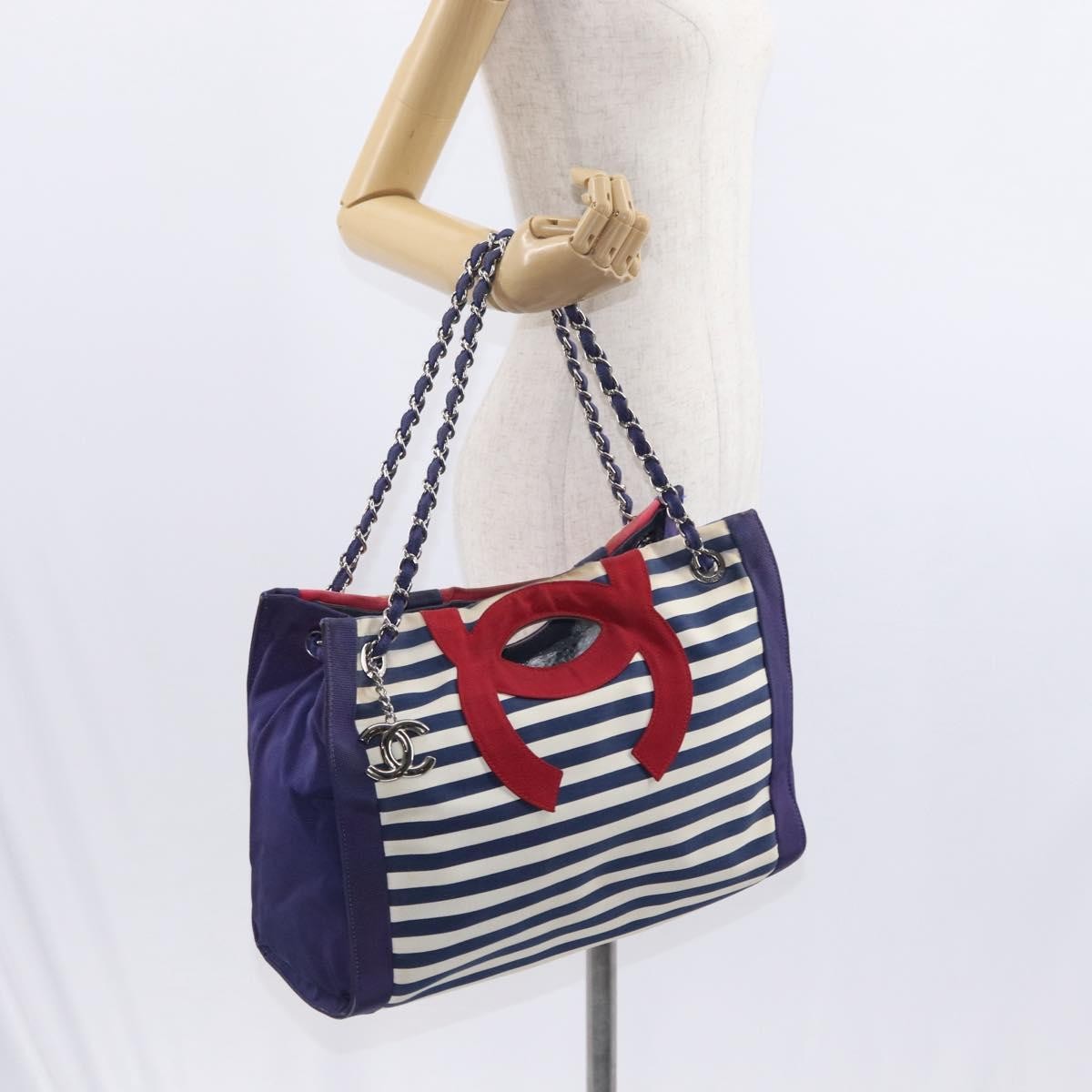 Chanel Mariniere Chain Tote Striped Canvas, NAVY, CANVAS, Tote bag