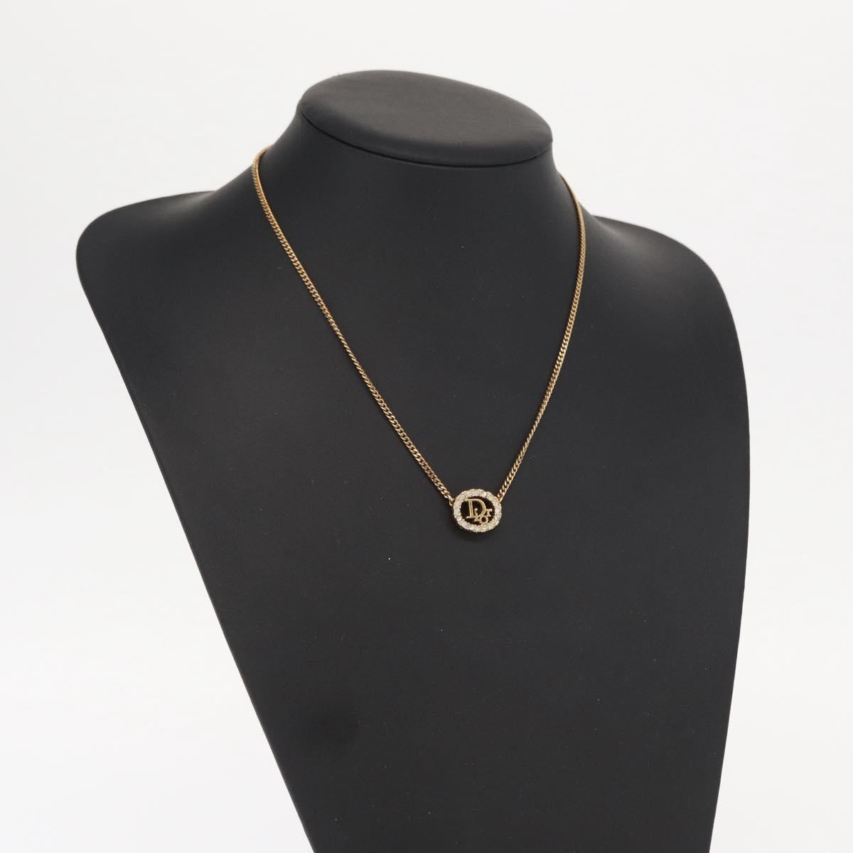 Christian Dior Vintage Logo Round Pendant Necklace Metal and Crystals, GOLD, METAL, Necklace