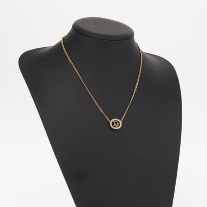 Christian Dior Vintage Logo Round Pendant Necklace Metal and Crystals, GOLD, METAL, Necklace