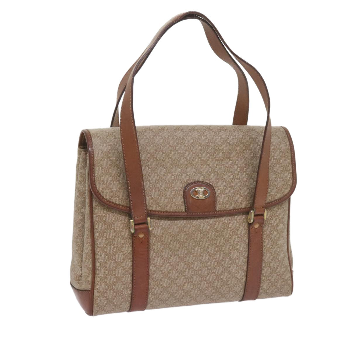 Celine Vintage Macadam Handbag Canvas and Leather, BEIGE, CANVAS, Handbag